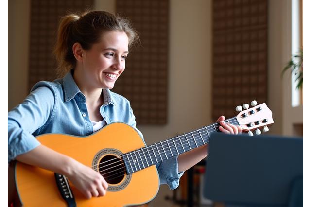En inspirerende lærer fra Echo Stier som veileder en student med en gitar