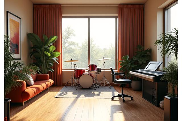 Et moderne musikkstudio med ulike instrumenter og lydutstyr, som representerer Echo Stiers lidenskap for lyd.