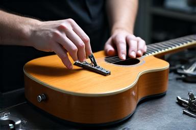Tekniker reparerer en gitar på et verksted